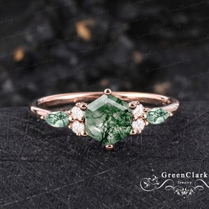 Vintage hexagon cut moss agate engagement ring Art deco promise ring Solid 14K 18K rose gold cluster ring Unique Anniversary gifts for women