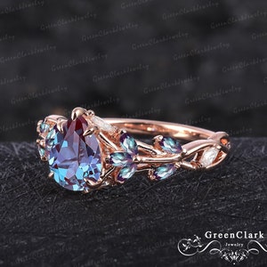 Unique pear shaped alexandrite engagement ring Art deco gemstone promise ring Nature inspired 14k rose gold leaf ring Women jewelry gifts