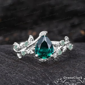 Vintage emerald engagement ring Pear cut art deco leaf silver promise ring Nature inspired white gold cluster ring Unique Anniversary gifts