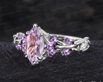 Unique marquise cut lavender amethyst engagement ring Art deco leaf promise ring Nature inspired 14k white gold gemstone ring Jewelry gifts