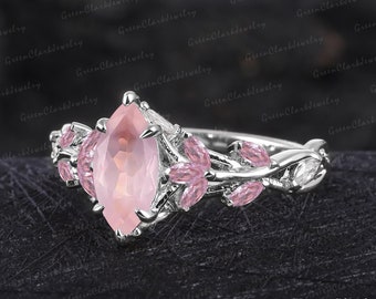 Unique marquise cut rose quartz engagement ring Art deco solid 14K white gold leaf ring Nature inspired promise ring Handmade jewelry gift