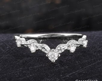 Unique moissanite wedding ring for women Solid 14k white gold wedding band Diamond platinum curved band Vintage silver band Anniversary gift