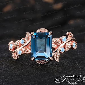 Emerald cut London Blue Topaz engagement ring Art deco 14k rose gold promise ring Nature inspired leaf ring Unique jewelry gift for women