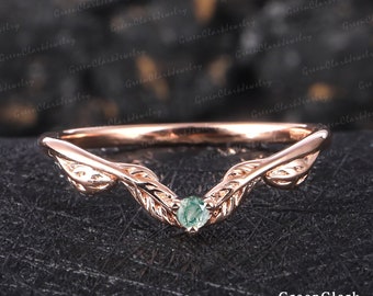 Fede nuziale unica in agata verde muschio per donna Fede nuziale in oro rosa massiccio 14k Anello con foglia in stile art deco ispirato alla natura, regalo di gioielli