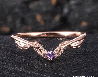 Fede nuziale unica con ametista per donna Fede nuziale in oro rosa massiccio 14k Anello con foglia in stile art deco ispirato alla natura, regalo di gioielli fatti a mano