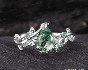 Vintage moss agate engagement ring Pear art deco leaf promise ring Nature inspired solid white gold cluster ring Unique Anniversary gifts