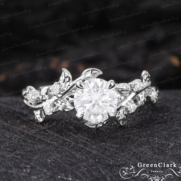 Vintage moissanite engagement ring Art deco 14K white gold diamond promise ring for women Nature inspired platinum leaf ring Unique gifts