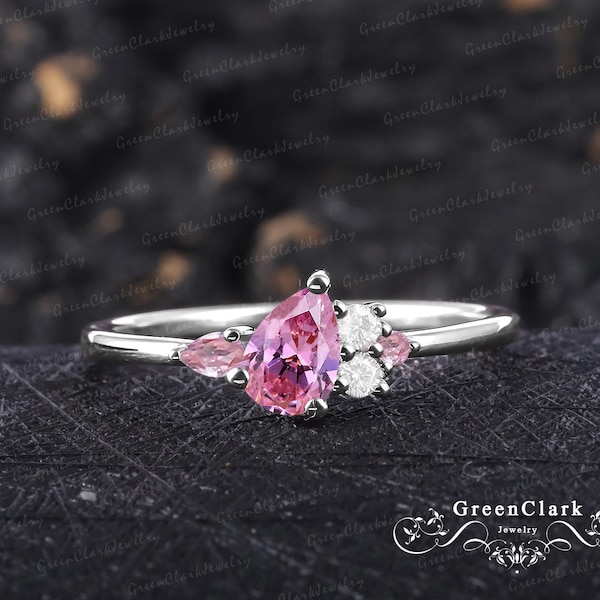 Vintage pear shaped pink sapphire engagement ring Solid 14k white gold promise ring Unique art deco gemstone ring Her handmade jewelry gifts