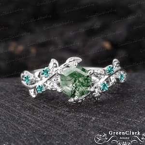 Vintage moss agate engagement ring Hexagon art deco leaf silver promise ring Nature inspired white gold cluster ring Unique Anniversary gift