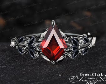 Gothic kite red garnet engagement ring Art deco black gold leaf promise ring Nature inspired January birthstone ring Jewelry gift for women
