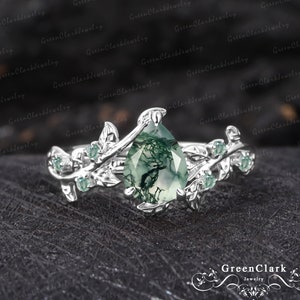 Vintage moss agate engagement ring Pear art deco leaf promise ring Nature inspired solid white gold cluster ring Unique Anniversary gifts