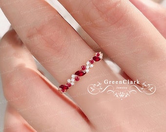 Vintage red ruby wedding ring Solid 14k rose gold wedding band Marquise july birthstone band Unique half eternity band Handmade jewelry gift