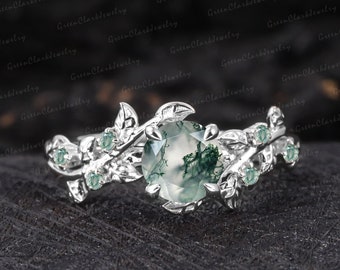 Vintage moss agate engagement ring Art deco leaf promise ring Nature inspired solid 14K 18K white gold cluster ring Unique Anniversary gifts