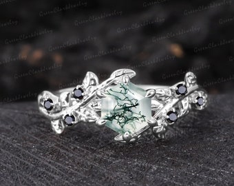 Vintage moss agate engagement ring Hexagon art deco leaf silver promise ring Nature inspired white gold cluster ring Unique Anniversary gift