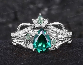 Unique pear shaped emerald engagement ring sets Art deco leaf promise ring Nature inspired solid 14k white gold bridal set Anniversary gifts