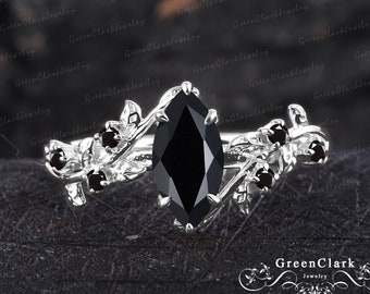 Vintage marquise cut black onyx engagement ring Solid 14k white gold promise ring Nature inspired art deco leaf ring Her unique jewelry gift