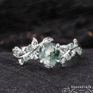Vintage moss agate engagement ring Art deco leaf promise ring Nature inspired solid 14K 18K white gold cluster ring Unique Anniversary gifts