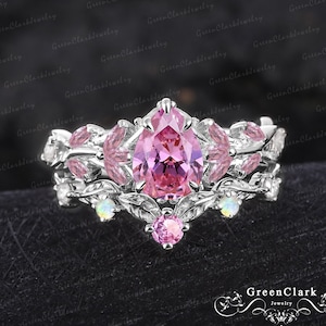 Unique pear shaped pink sapphire engagement ring sets Art deco leaf promise ring Nature inspired 14k white gold bridal sets Her jewelry gift