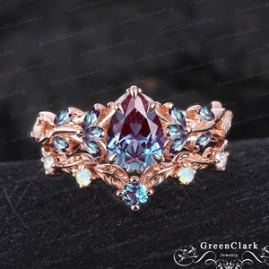 Unique pear shaped alexandrite engagement ring sets Art deco leaf promise ring Nature inspired 14k rose gold bridal sets Women jewelry gifts
