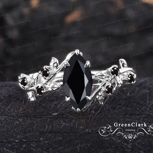 Vintage marquise cut black onyx engagement ring Solid 14k white gold promise ring Nature inspired art deco leaf ring Her unique jewelry gift