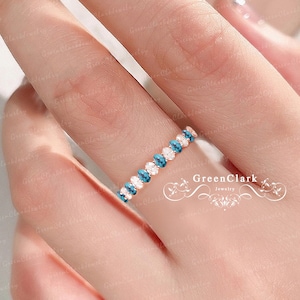 Unique turquoise wedding ring Art deco 14k white gold wedding band Vintage blue gemstone half eternity band Handmade jewelry gifts for women