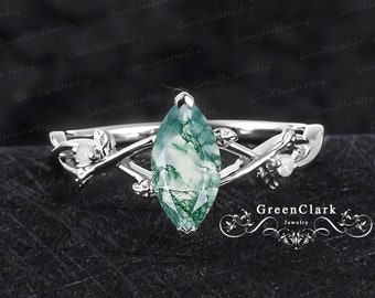 Unique marquise cut moss agate engagement ring Vintage art deco promise ring for women Nature inspired solid 14k white gold leaf ring Gifts