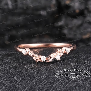 Diamond wedding ring solid 18k 14k gold wedding band Unique moissanite curved band Nature inspired matching stacking band Anniversary gifts