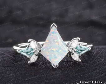 Unique kite cut white opal engagement ring Art deco promise ring Solid 14K white gold Oct birthday gemstone ring Anniversary gifts for women