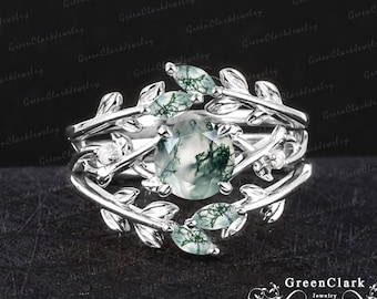 Vintage 3PCS moss agate engagement ring sets Unique art deco leaf promise ring Nature inspired Solid 14k 18k white gold bridal sets for her