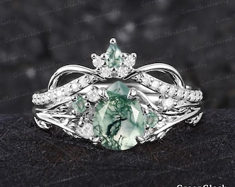 Unique pear shaped moss agate engagement ring sets Art deco leaf promise ring Nature inspired solid white gold bridal sets Anniversary gifts