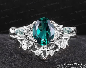 Vintage oval cut emerald engagement ring sets Art deco leaf promise ring Nature inspired 14K white gold bridal sets Unique Anniversary gifts
