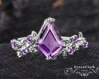 Bague de fiançailles en améthyste découpée par un cerf-volant vintage, bague de promesse en or blanc massif 14 carats, inspirée de la nature, bague en forme de feuille art déco, cadeau bijou unique pour femme