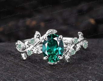 Vintage emerald engagement ring Oval cut art deco leaf silver promise ring Nature inspired white gold cluster ring Unique Anniversary gifts