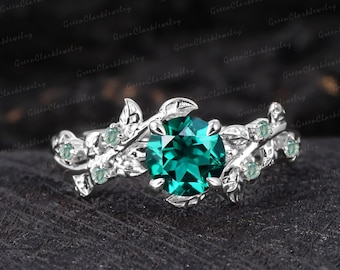 Vintage emerald engagement ring Art deco leaf silver promise ring Nature inspired white gold cluster ring Unique Anniversary gifts for her