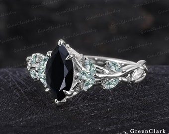 Unique marquise black onyx engagement ring Art deco solid 14K white gold leaf ring Nature inspired promise ring for women Anniversary gifts