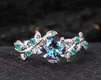 Vintage alexandrite engagement ring Art deco leaf silver promise ring Nature inspired 14k white gold cluster ring Unique Anniversary gifts