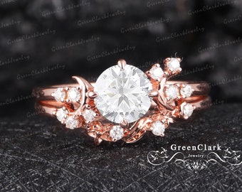 Moissanite engagement ring sets Art deco promise ring 14k 18k solid rose gold Vintage crescent moons diamond bridal sets Anniversary gifts