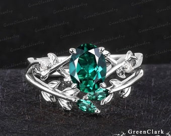 Vintage oval cut emerald engagement ring sets Unique art deco leaf platinum promise ring Nature inspired 14K white gold bridal set for women