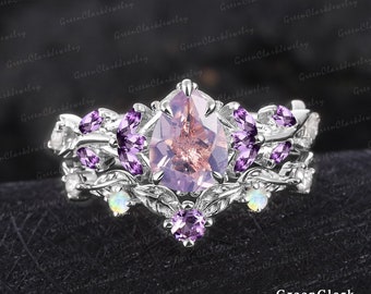 Unique pear shaped lavender amethyst engagement ring set Art deco leaf promise ring Nature inspired 14k white gold bridal sets jewelry gifts