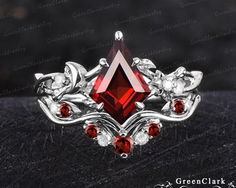 Unique kite cut garnet engagement ring sets Art deco moon leaf promise ring Nature inspired solid 14K white gold bridal set Anniversary gift