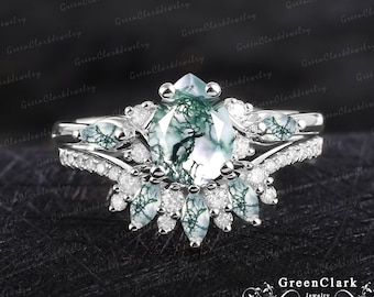 Unique pear shaped moss agate engagement ring sets Art deco platinum ring Vintage solid 14K white gold bridal sets Promise ring for women