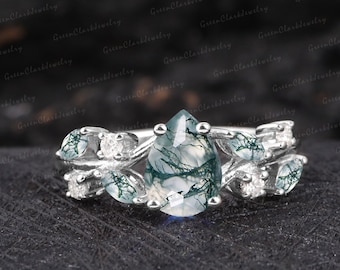 Moos Achat Verlobungsring Art Deco birnenförmig Versprechen Ring 14K Weißgold Vintage Platin Diamant Cluster Ring Einzigartige Jahrestagsgeschenke