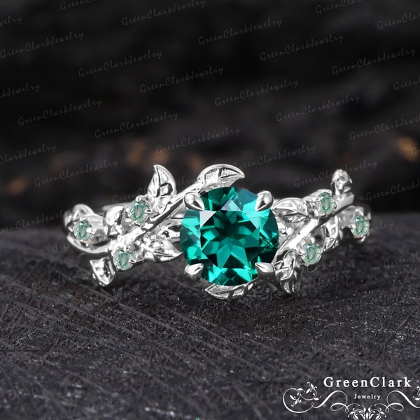 Vintage emerald engagement ring Art deco leaf silver promise ring Nature inspired white gold cluster ring Unique Anniversary gifts for her