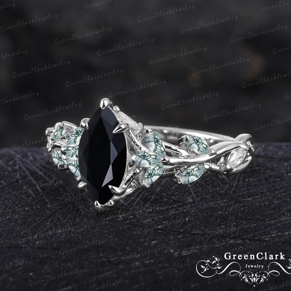 Unique marquise black onyx engagement ring Art deco solid 14K white gold leaf ring Nature inspired promise ring for women Anniversary gifts