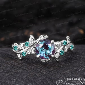 Vintage alexandrite engagement ring Art deco leaf silver promise ring Nature inspired 14k white gold cluster ring Unique Anniversary gifts
