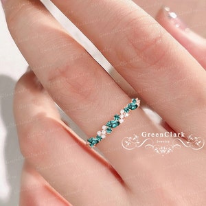 Diamond wedding ring solid 14k rose gold wedding band Marquise emerald matching band Unique moissanite half eternity band Anniversary gifts