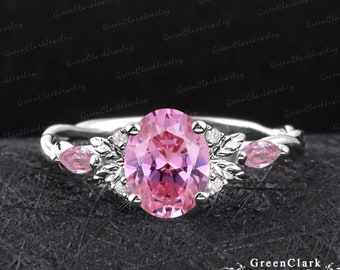 Unique oval cut pink sapphire engagement ring Art deco leaf promise ring Nature inspired 14k white gold ring Handmade jewelry gift for women