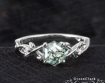 Unique hexagon cut moss agate engagement ring Vintage art deco promise ring for women Nature inspired 14k 18k white gold leaf ring Her gifts