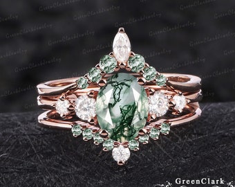 3PCS Unique oval cut moss agate engagement ring sets Art deco five stones wedding ring Vintage 14K rose gold bridal set Promise ring for her