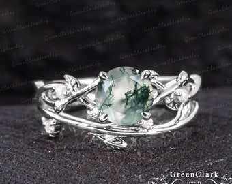 Vintage moss agate engagement ring sets Art deco leaf promise ring Nature inspired white gold bridal sets Unique Anniversary gifts for women